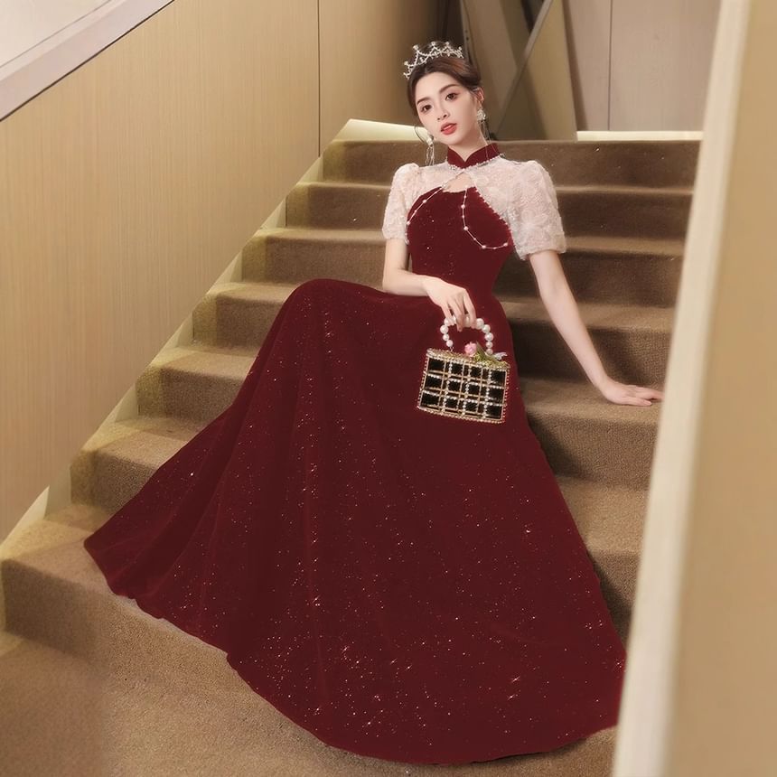 Gown Two Embroidered Flower Neck Evening Mock A-Line Tone Puff-Sleeve Glitter