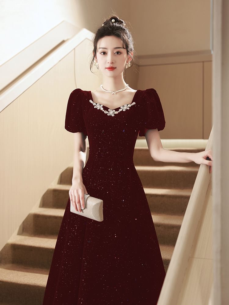 Puff-Sleeve A-Line Rhinestone Evening Sequin Gown