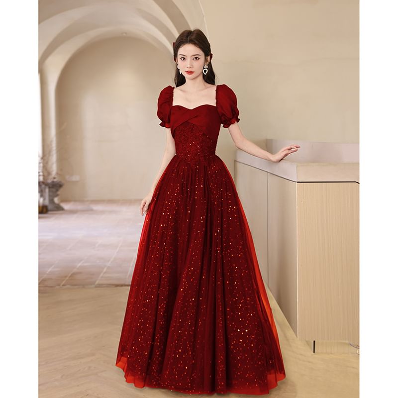 A-Line Gown Evening Sequin Puff-Sleeve