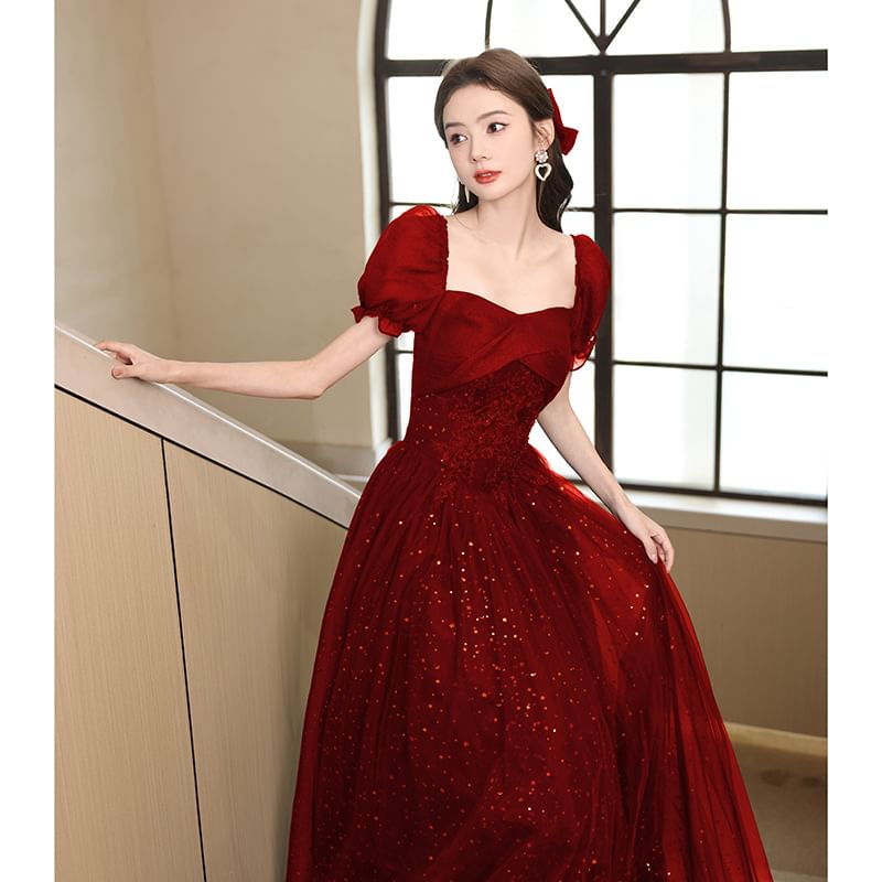 A-Line Gown Evening Sequin Puff-Sleeve