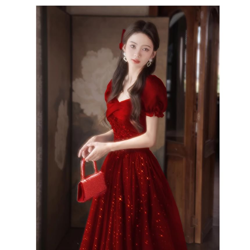 A-Line Gown Evening Sequin Puff-Sleeve