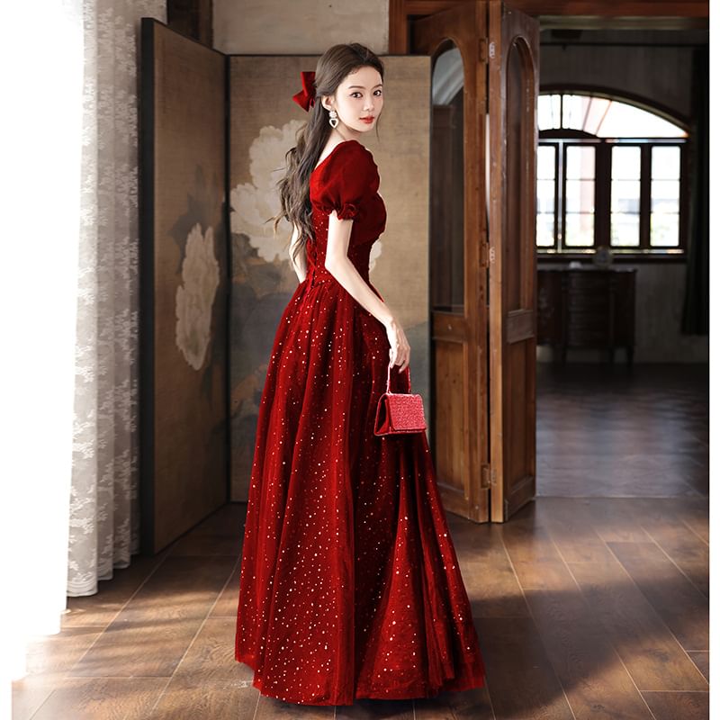 A-Line Gown Evening Sequin Puff-Sleeve