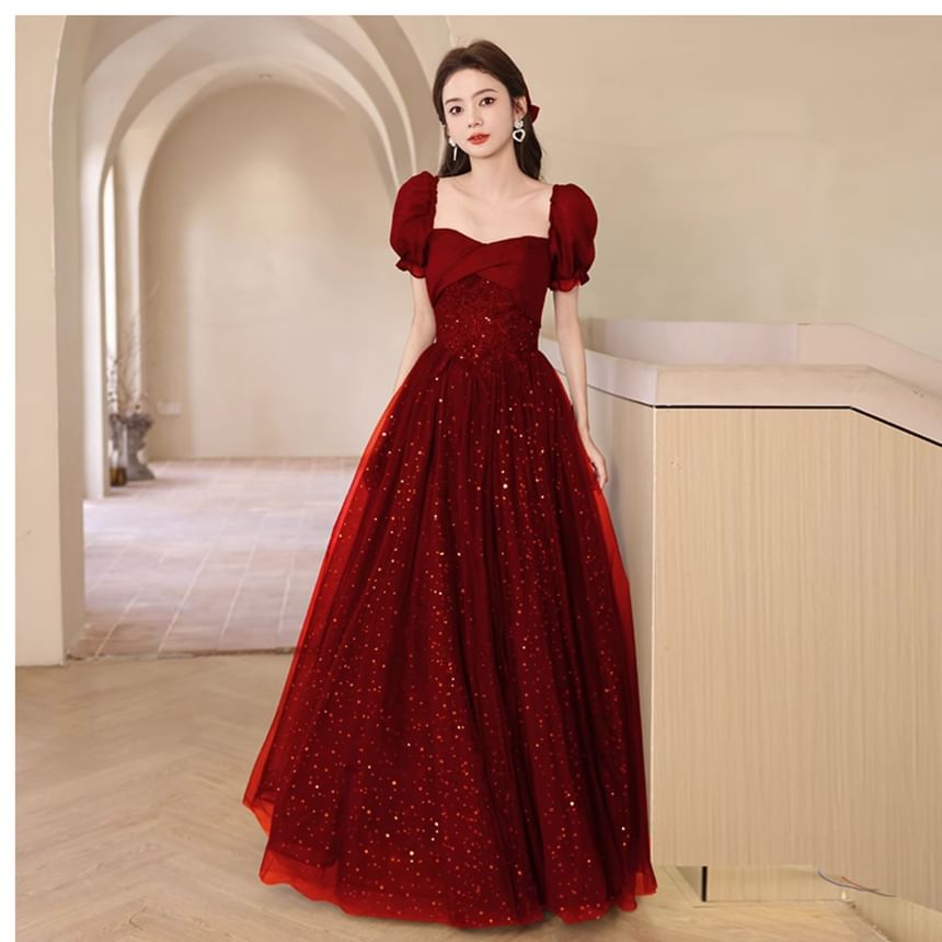 A-Line Gown Evening Sequin Puff-Sleeve