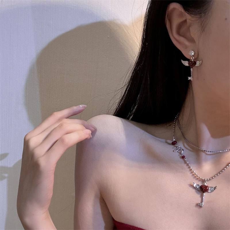 Wing Heart Key Layered Necklace / Drop Earring
