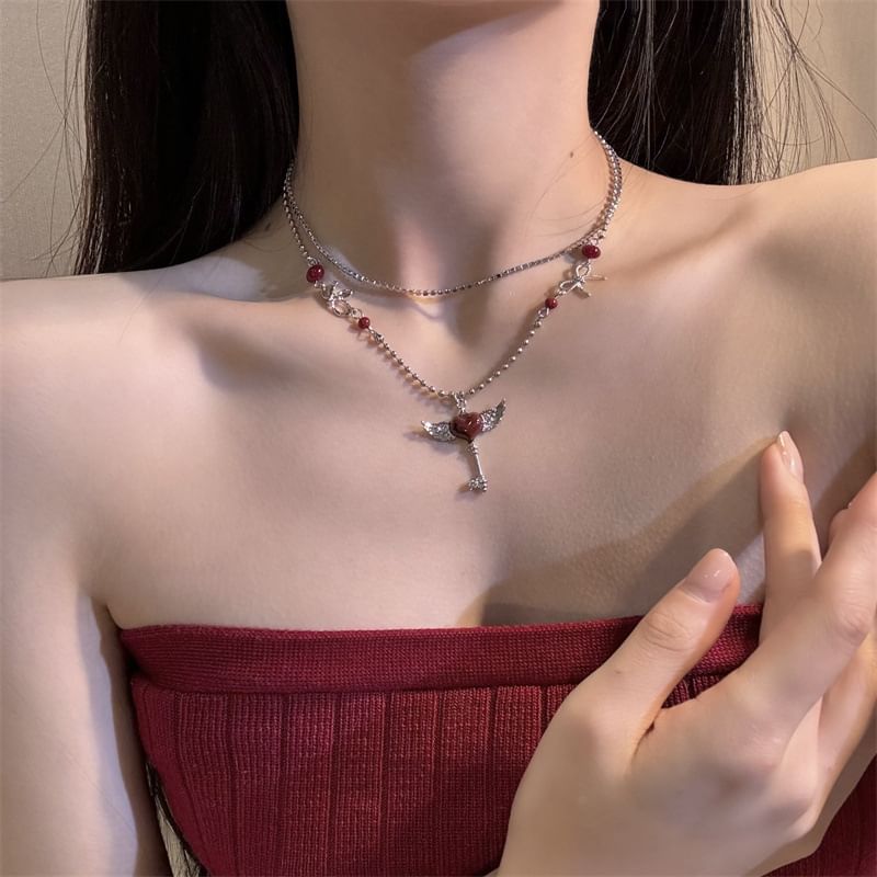 Wing Heart Key Layered Necklace / Drop Earring