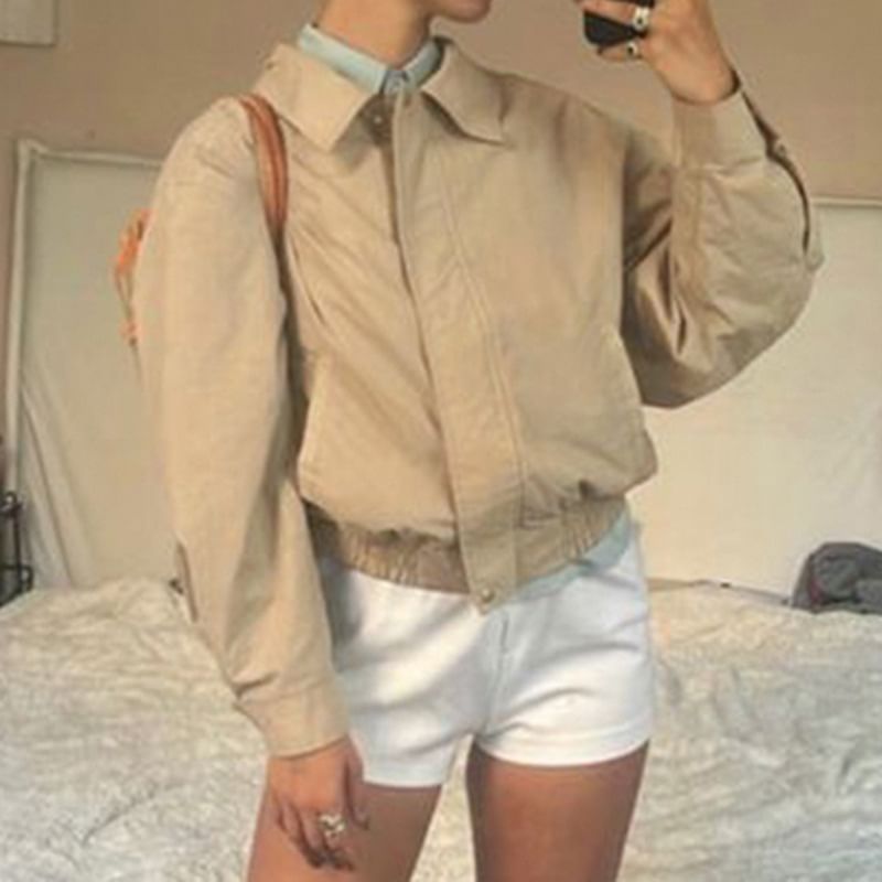 Zip Plain Up Jacket Collared Cropped