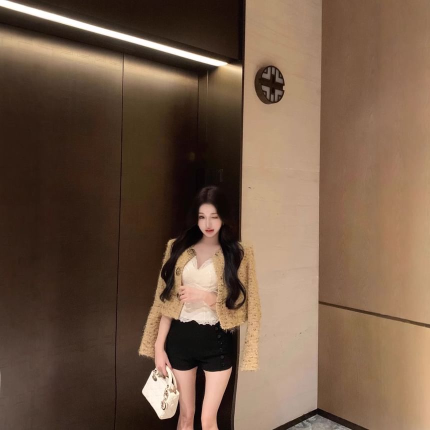 Button-Up Tweed Jacket / Crop Camisole Top