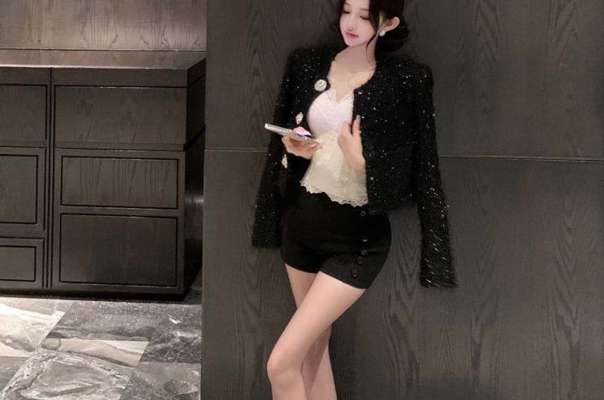 Button-Up Tweed Jacket / Crop Camisole Top