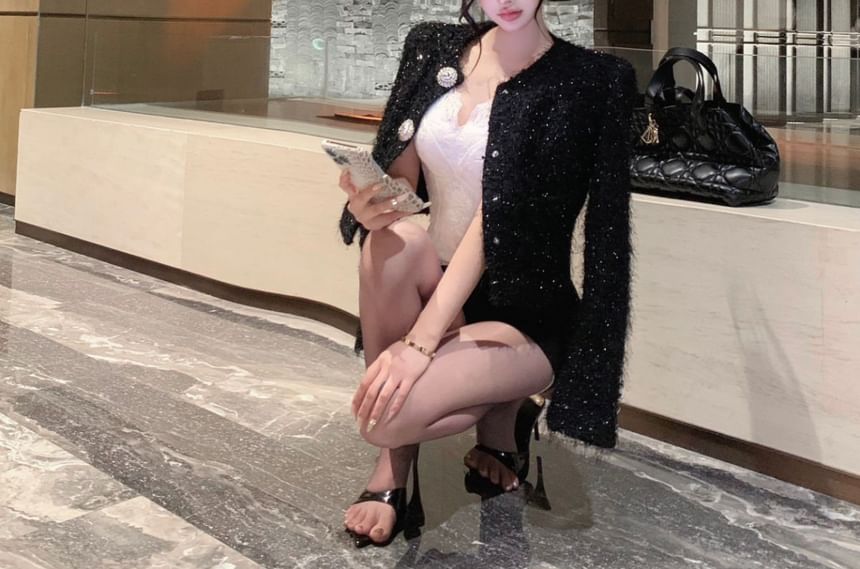 Button-Up Tweed Jacket / Crop Camisole Top