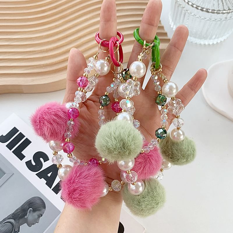 Phone Faux Layered Strap Pearl Pom