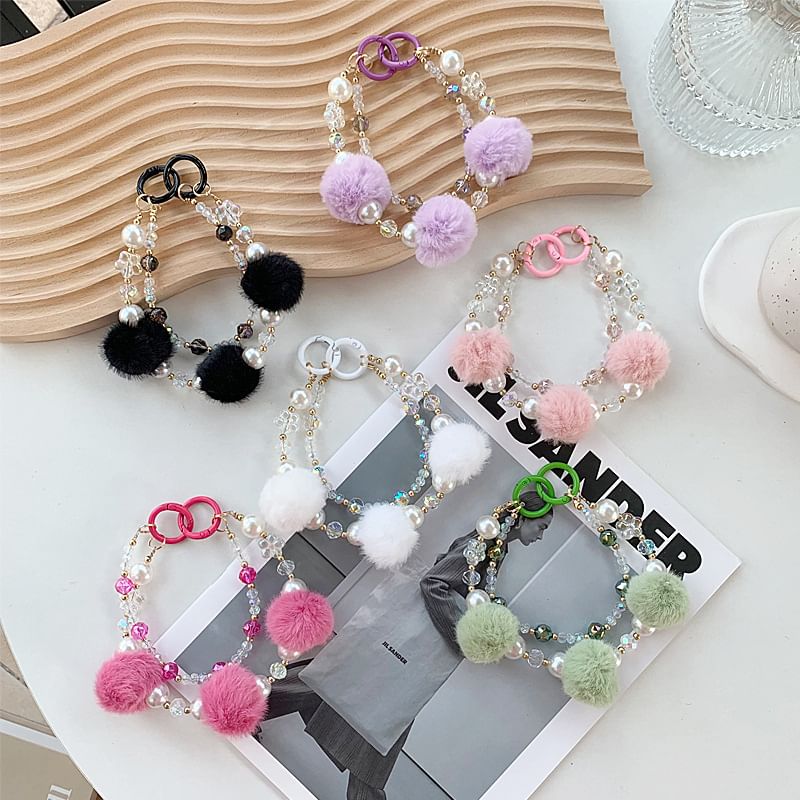Phone Faux Layered Strap Pearl Pom