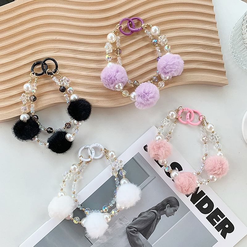 Phone Faux Layered Strap Pearl Pom
