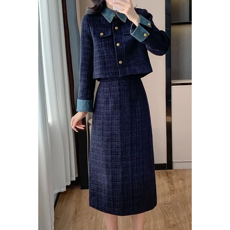 Set: Denim Collar Tweed Button-Up Jacket + High Rise Midi A-Line Skirt