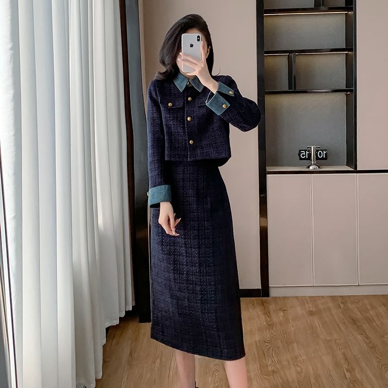 Set: Denim Collar Tweed Button-Up Jacket + High Rise Midi A-Line Skirt
