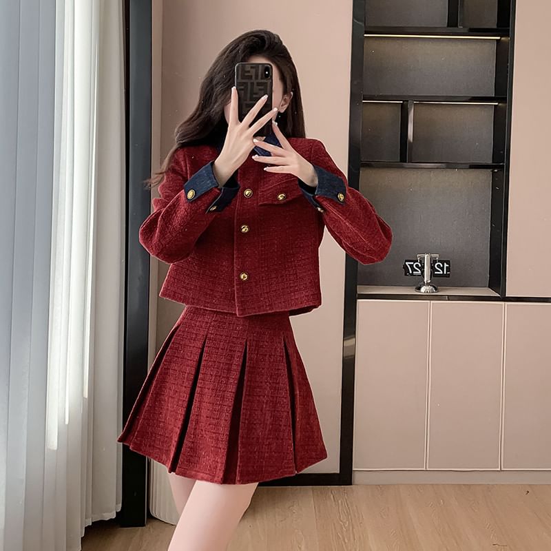 Set: Denim Collar Tweed Button-Up Jacket + High Waist Pleated Mini A-Line Skirt