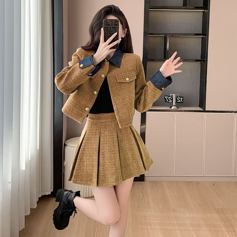 Set: Denim Collar Tweed Button-Up Jacket + High Waist Pleated Mini A-Line Skirt