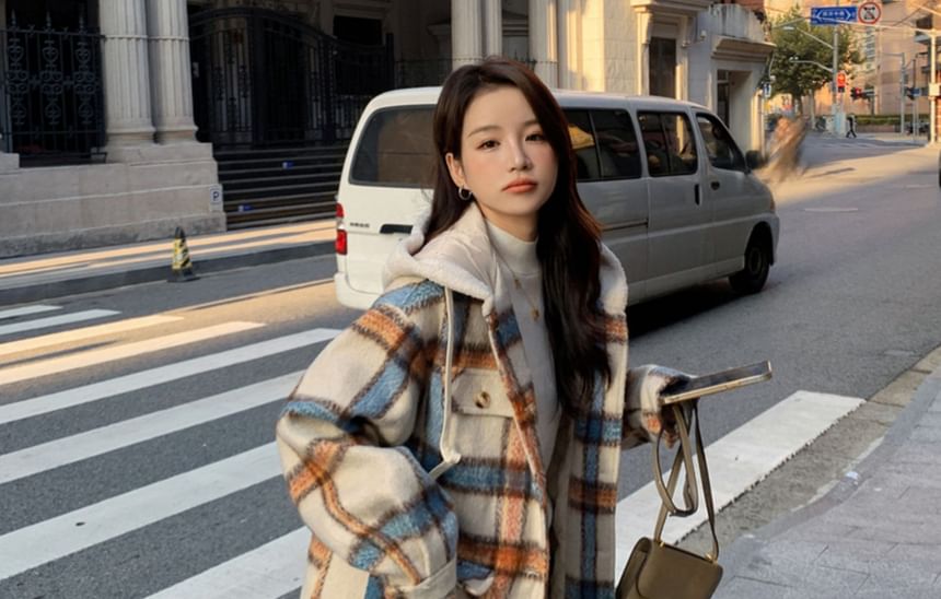 Plaid Hooded Pocket Detail Single-Breasted Coat