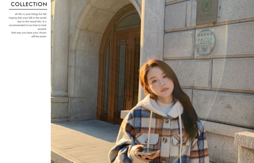 Plaid Hooded Pocket Detail Single-Breasted Coat