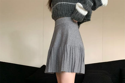 High Waist Plain Pleated Knit Mini A-Line Skirt