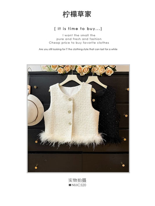 Feather-Hem Button-Up Tweed Vest