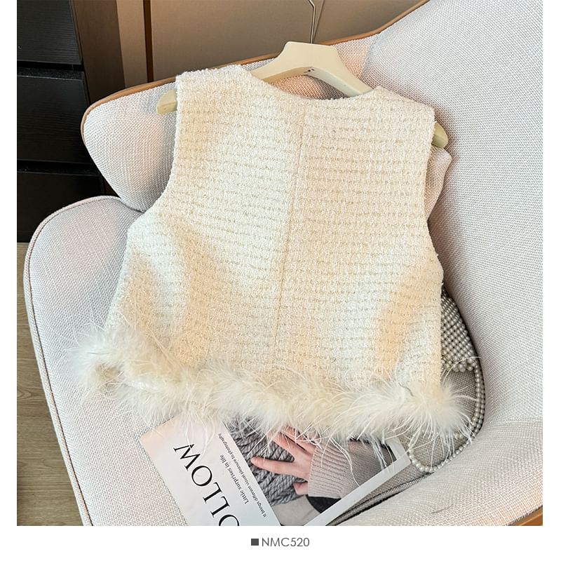 Feather-Hem Button-Up Tweed Vest