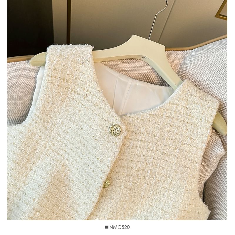 Feather-Hem Button-Up Tweed Vest