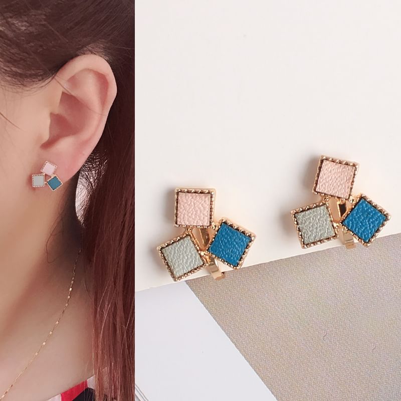 Square Leather Earring Faux Alloy Stud
