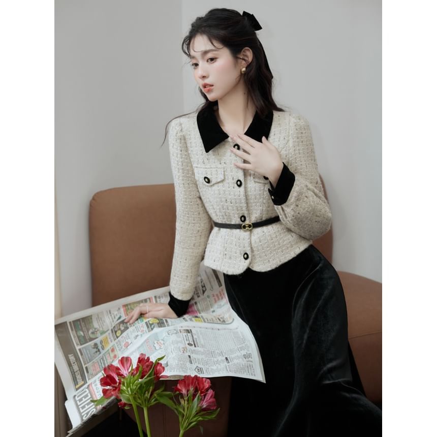 Set: Collar Two Tone Tweed Button Jacket + High Rise Plain Velvet Midi A-Line Skirt
