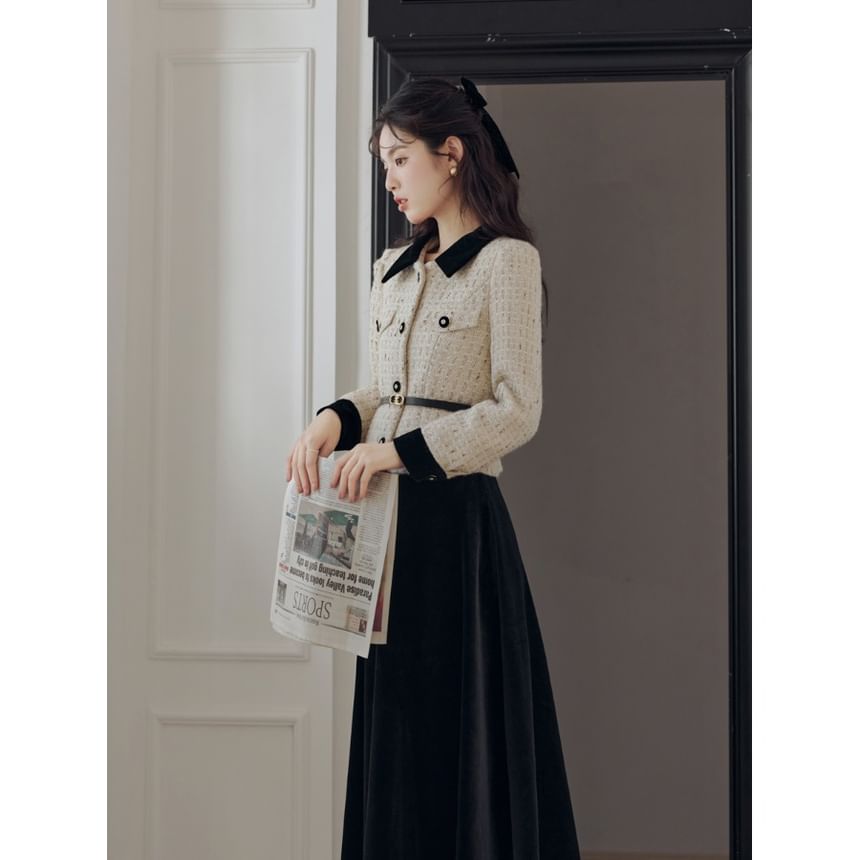Set: Collar Two Tone Tweed Button Jacket + High Rise Plain Velvet Midi A-Line Skirt