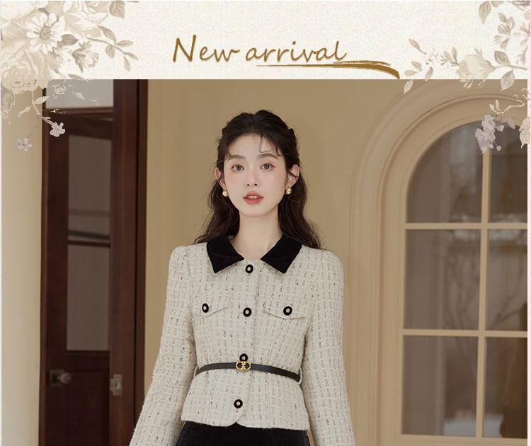 Set: Collar Two Tone Tweed Button Jacket + High Rise Plain Velvet Midi A-Line Skirt