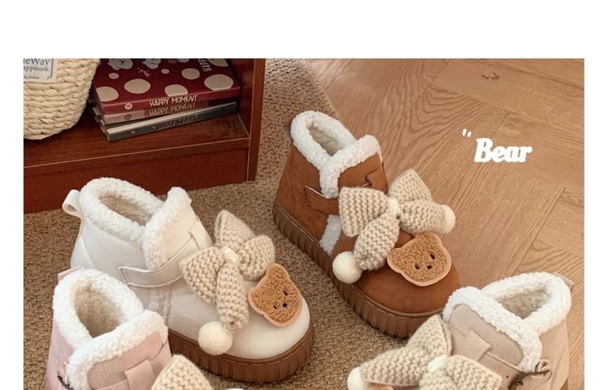 Bear Applique Bow Buckled Short Snow Boots