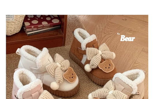 Bear Applique Bow Buckled Short Snow Boots