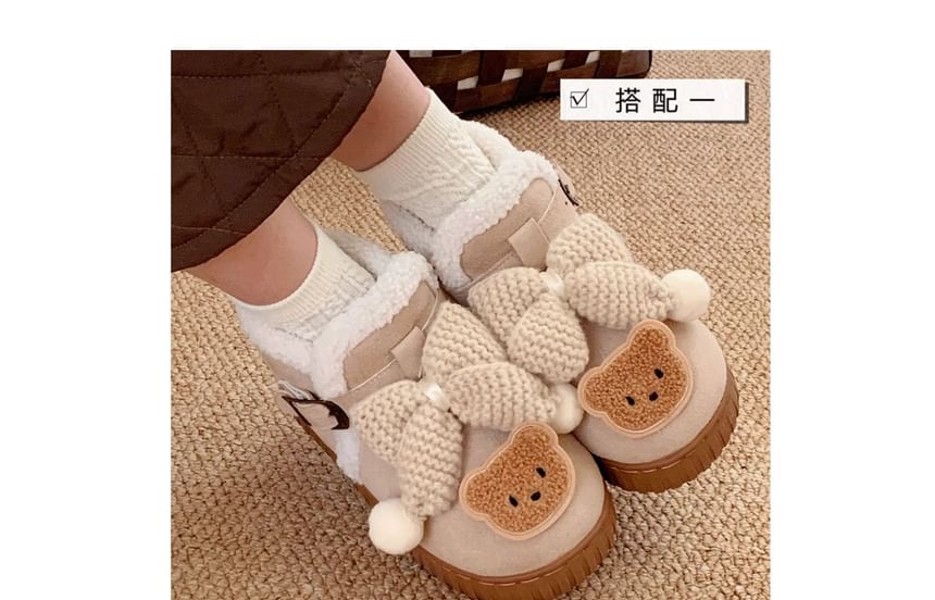 Bear Applique Bow Buckled Short Snow Boots