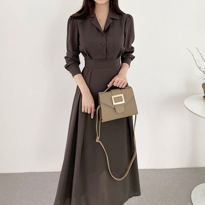 Long-Sleeve Plain Midi A-Line Shirt Dress