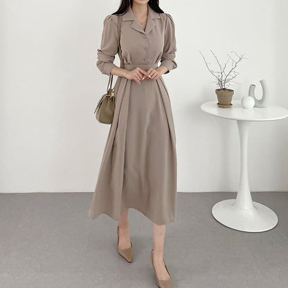 Long-Sleeve Plain Midi A-Line Shirt Dress