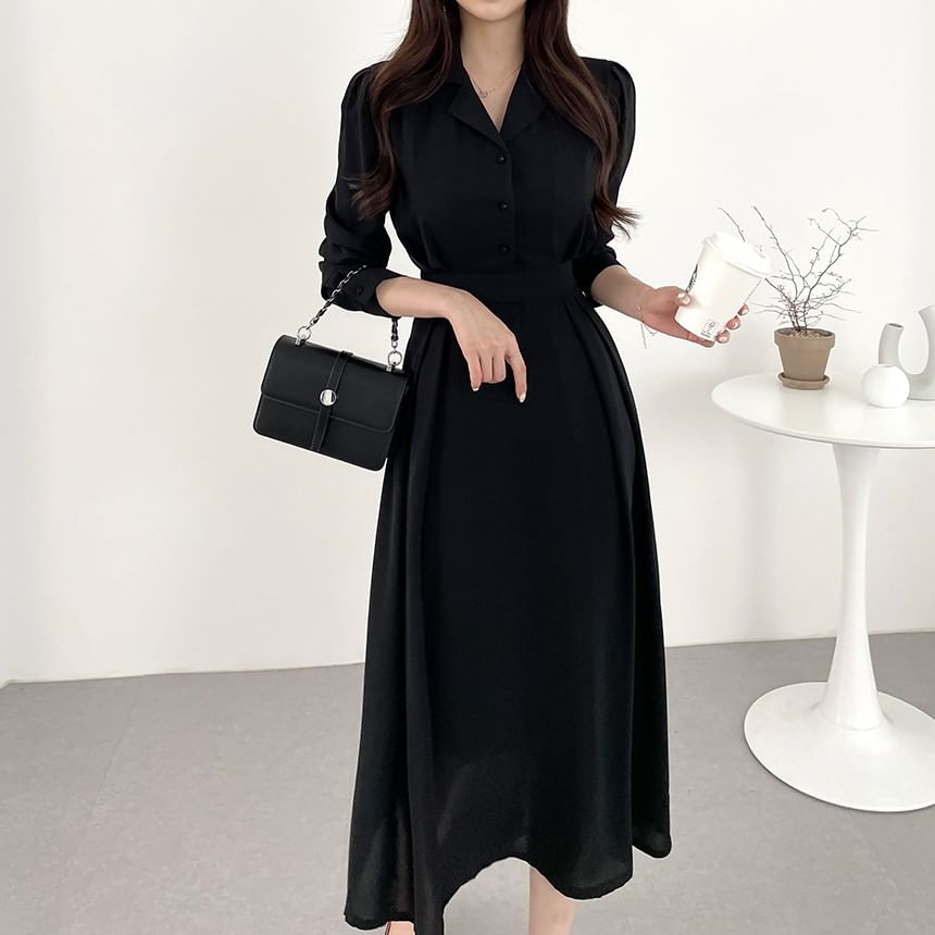 Long-Sleeve Plain Midi A-Line Shirt Dress