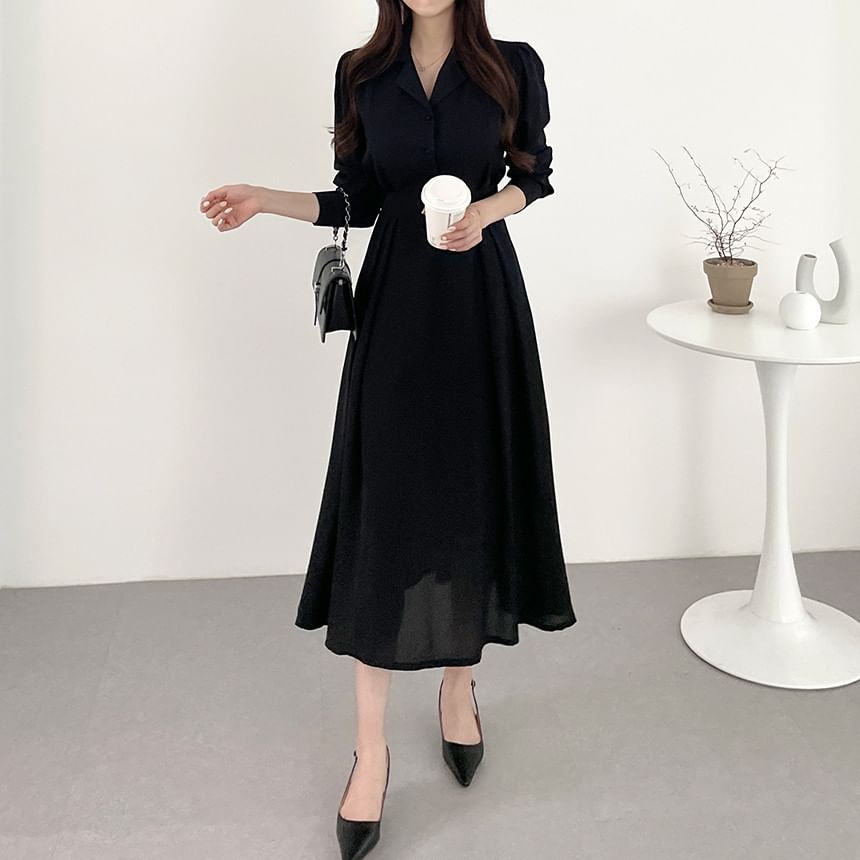 Long-Sleeve Plain Midi A-Line Shirt Dress