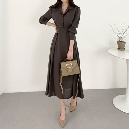 Long-Sleeve Plain Midi A-Line Shirt Dress