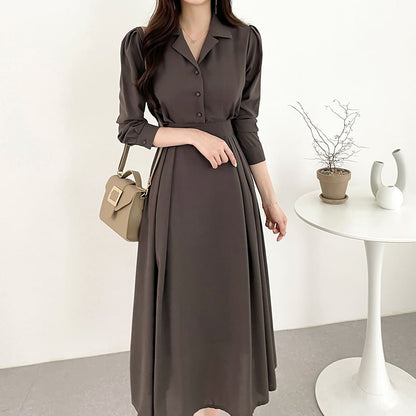 Long-Sleeve Plain Midi A-Line Shirt Dress