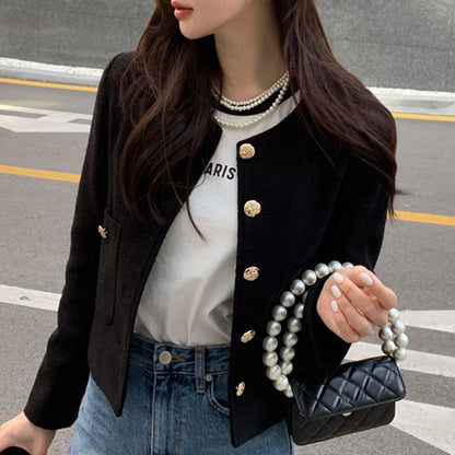 Button-Up Plain Crop Jacket