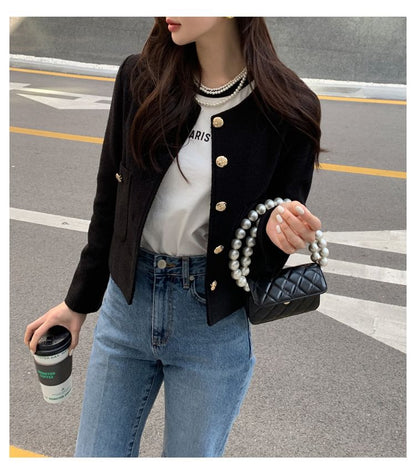 Button-Up Plain Crop Jacket