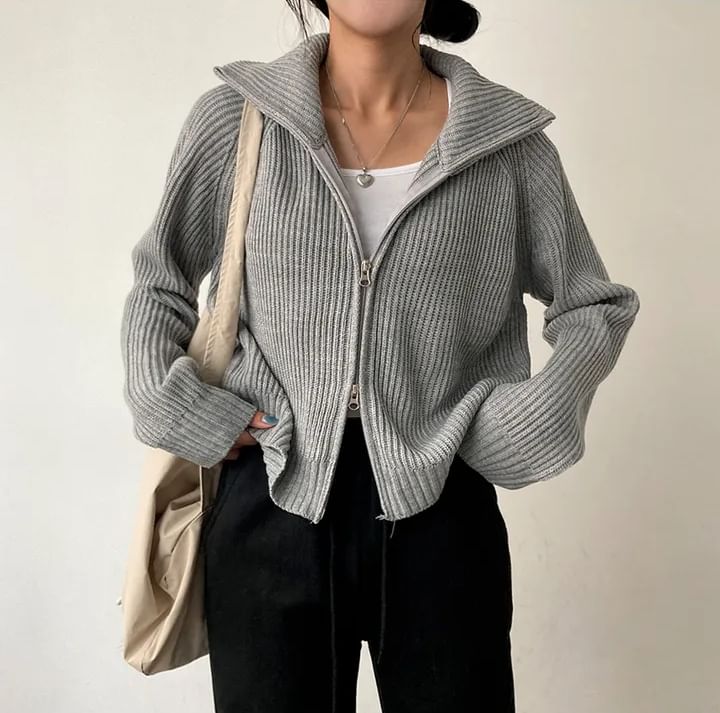 Collared Ribbed Zip-Up Plain Cardigan