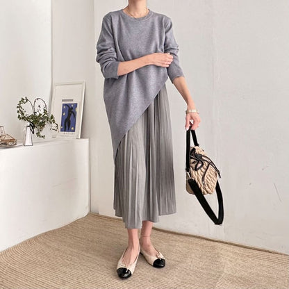 Set: Long-Sleeve Asymmetrical Plain Knit Top + Sleeveless Pleated Midi A-Line Dress