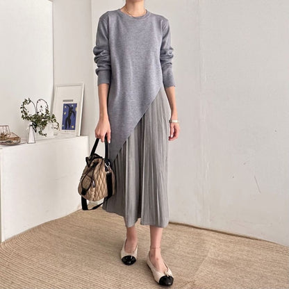 Set: Long-Sleeve Asymmetrical Plain Knit Top + Sleeveless Pleated Midi A-Line Dress