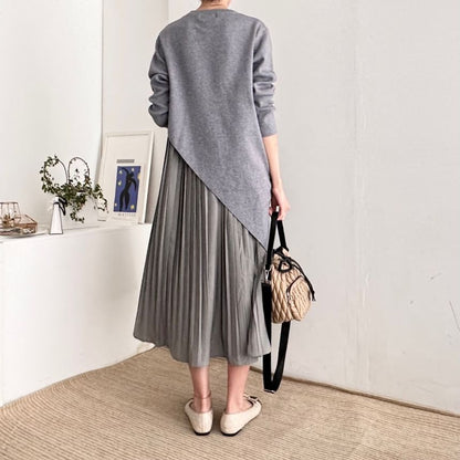 Set: Long-Sleeve Asymmetrical Plain Knit Top + Sleeveless Pleated Midi A-Line Dress