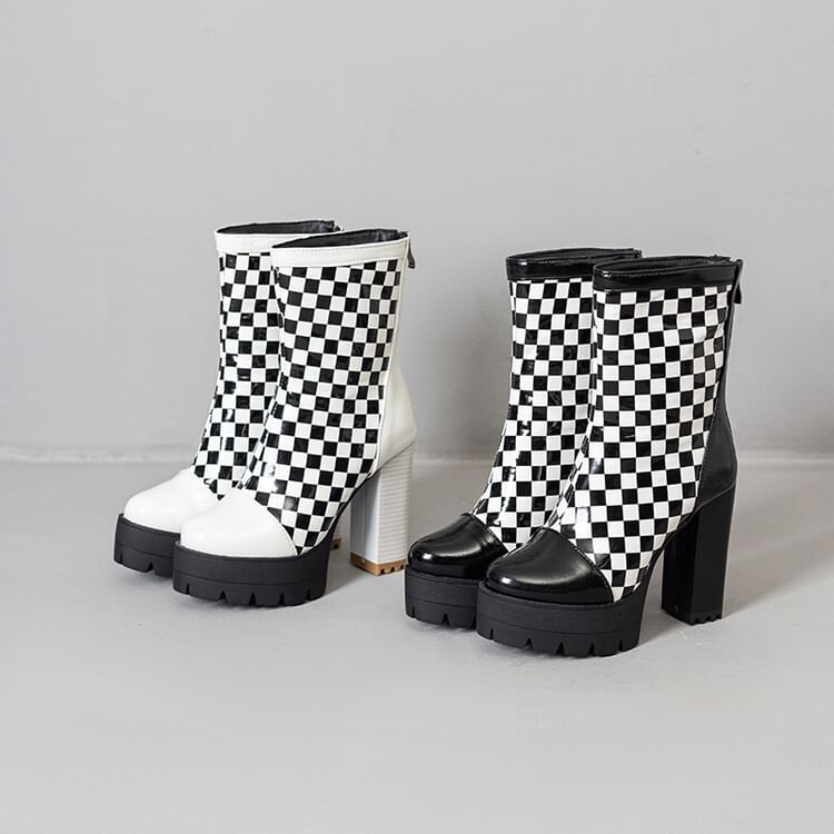Short Boots Heel Checkerboard Block