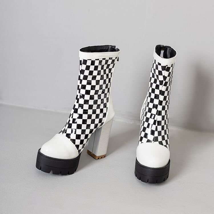 Short Boots Heel Checkerboard Block