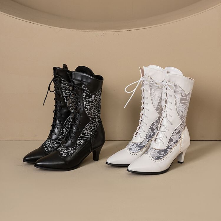 Pointed Boots Short Heel Mesh Low