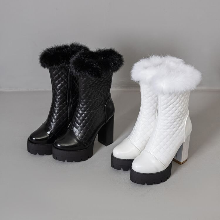 Quilted Boots Heel Furry Short Block Trim