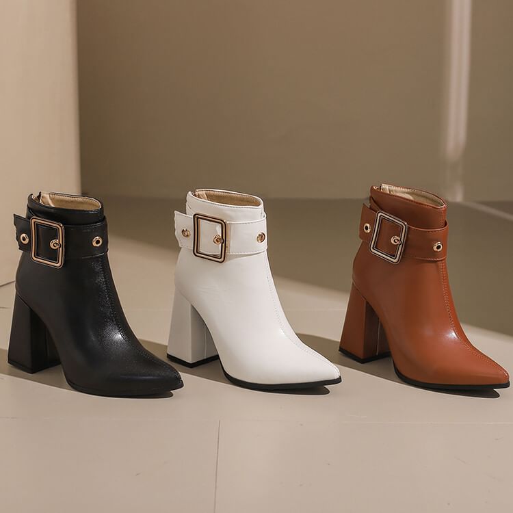 buckled Short Pointed Heel Block Boots
